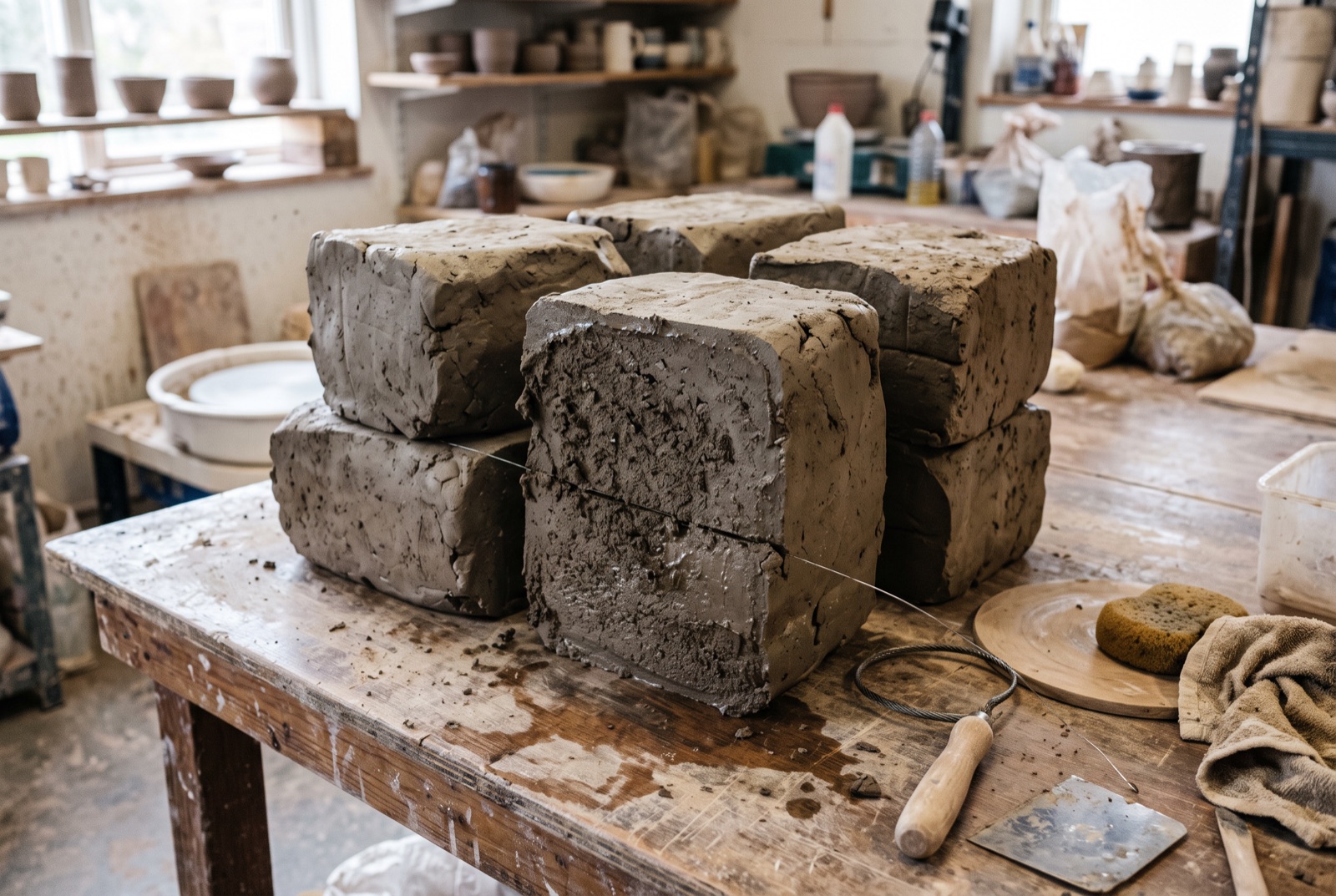 Blocs de grès belge et pains d'argile prêts pour un cours de poterie débutant en atelier de céramique