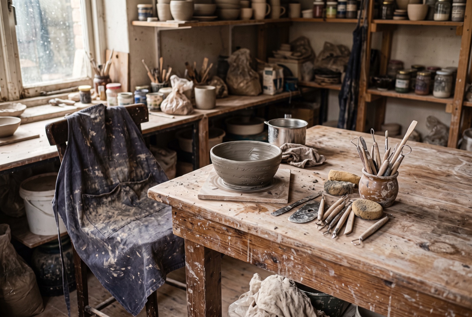 Coin de travail d'un atelier de céramique en Brabant wallon avec tour de potier, outils et terre de grès prête à façonner