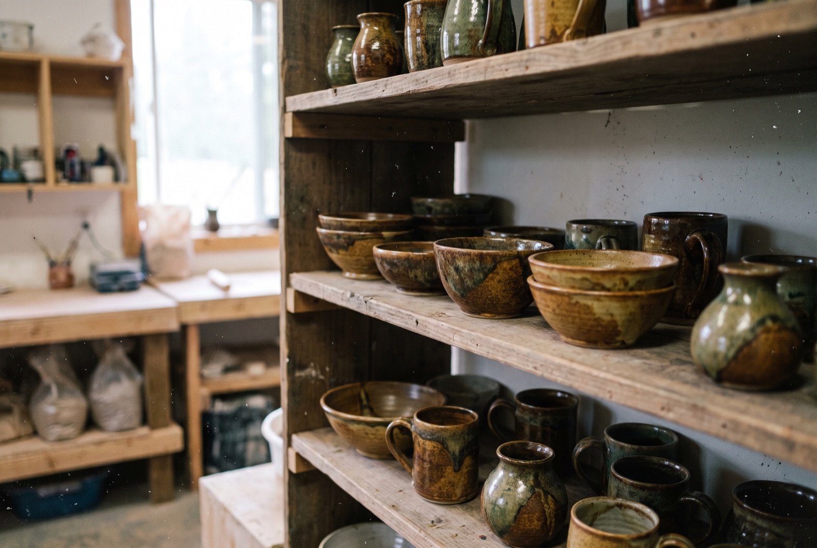Étagère d'un atelier de céramique en Brabant wallon présentant une collection de bols et vases en grès émaillé