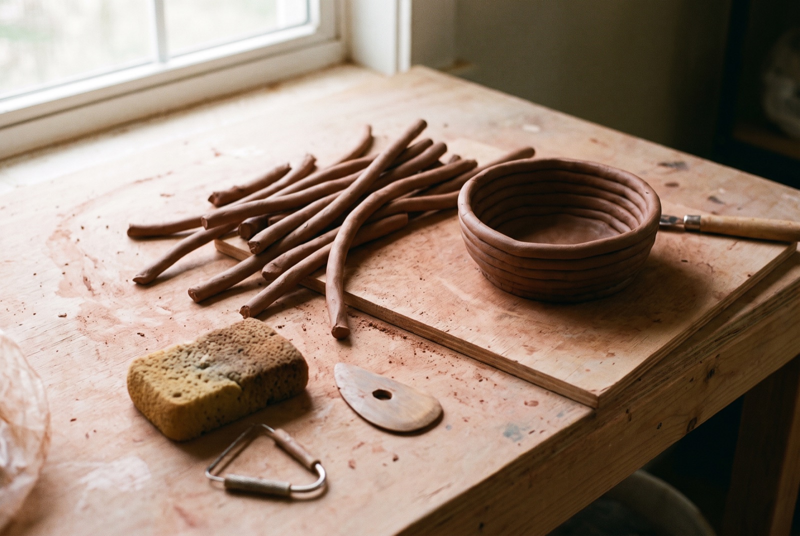 Boudins de grès roulés à la main sur une table d'atelier, prêts à être empilés pour un modelage au colombin