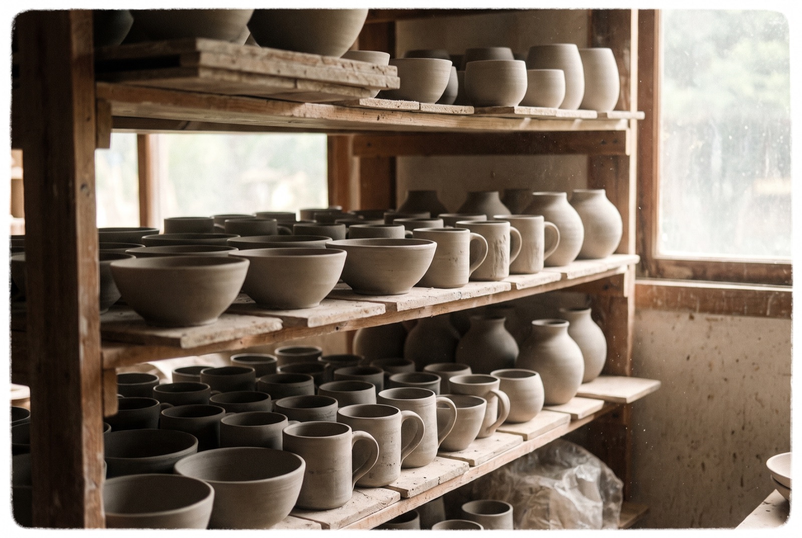 Étagères en bois d'un atelier de céramique remplies de bols et tasses en grès en cours de séchage avant cuisson