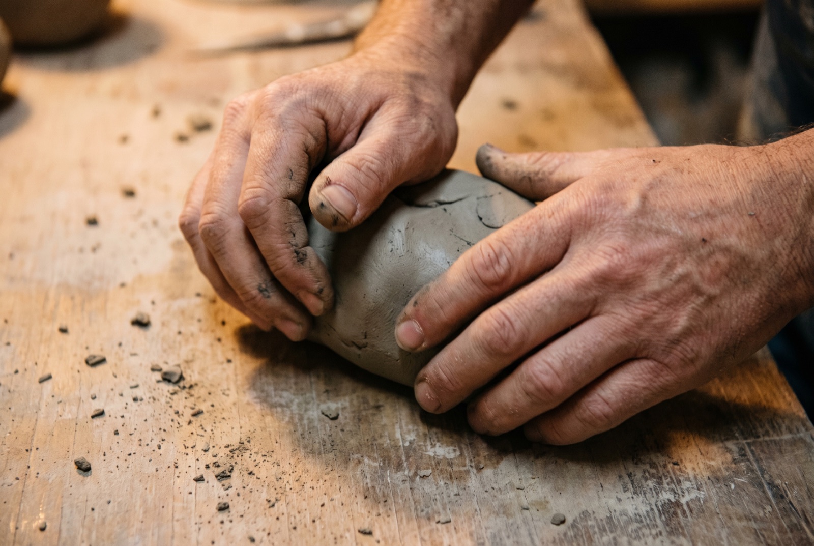Mains pétrissant un bloc de grès belge pour préparer la terre avant un cours de poterie débutant