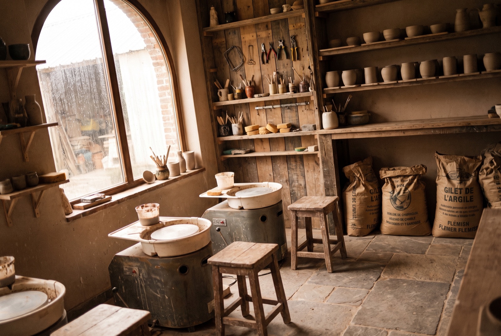 Atelier de tour de potier près de Bruxelles avec plusieurs tours en grès prêts pour un cours en Brabant wallon