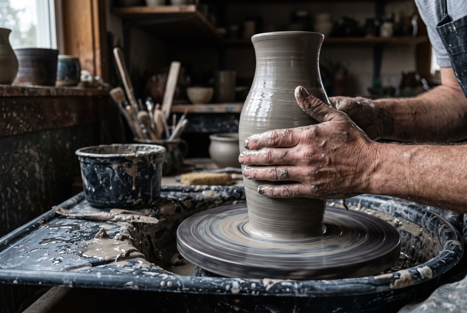Mains façonnant un vase en grès humide sur un tour de potier en rotation